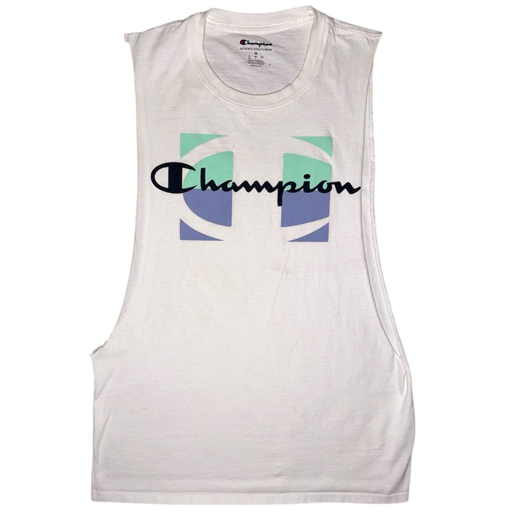 Champion Men's White Upcycled Tank Tank Top Activewear Gym Cropped Size M